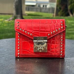 MCM WORLDWIDE croc embossed red compact wallet